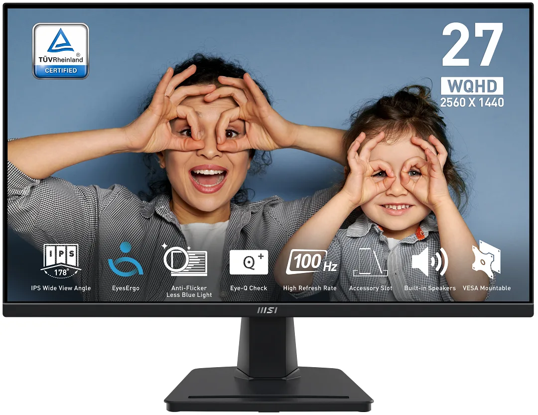 27-inch flat matte-black IPS monitor on tilt stand with phone slot