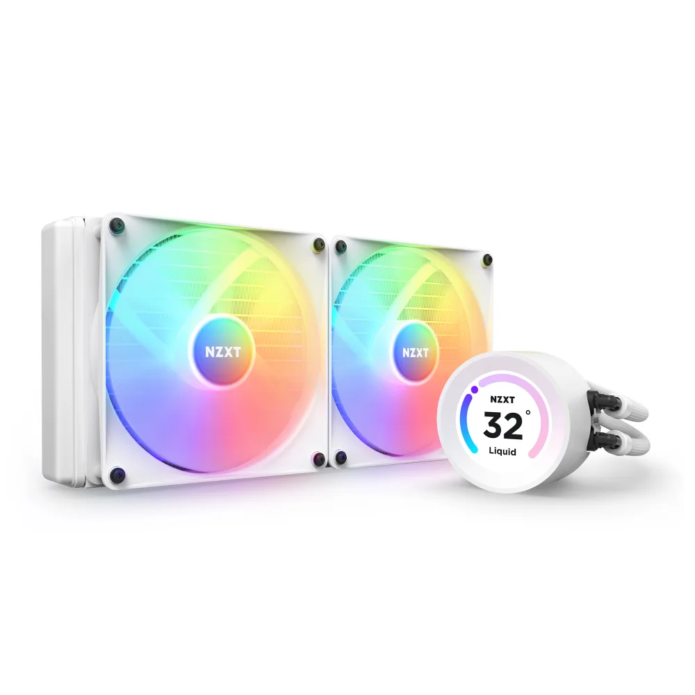 White 280 mm AIO liquid cooler with square LCD pump head and two 140 mm RGB fans