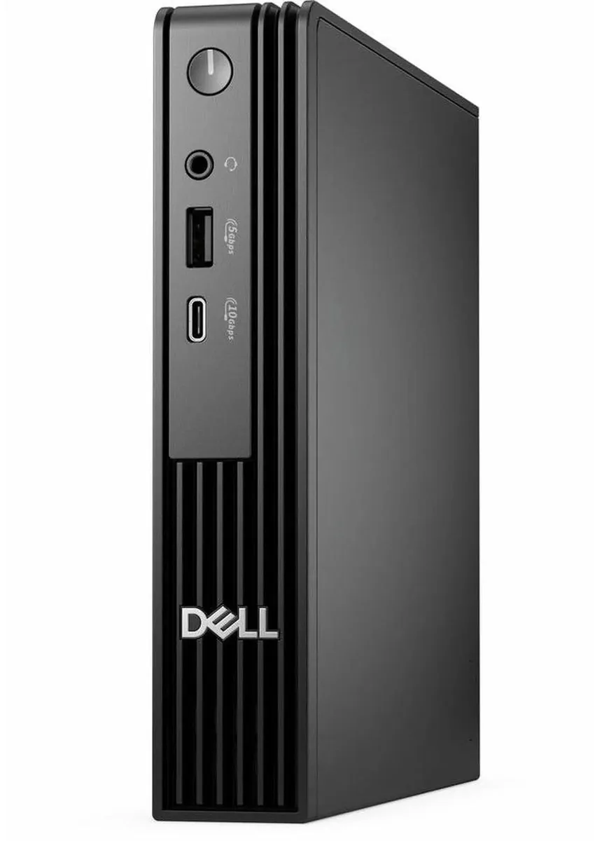 Small black Dell Pro Micro desktop tower with keyboard and mouse