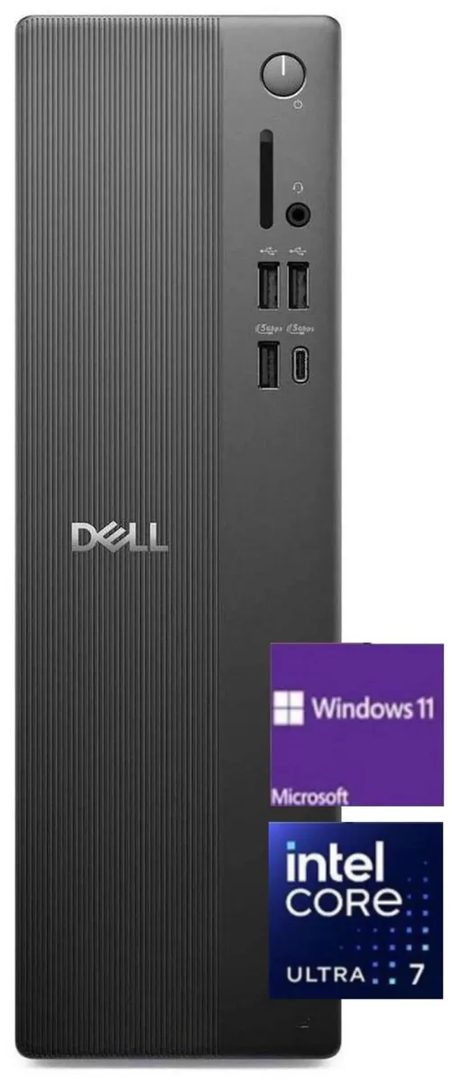 Black slim desktop tower with wired keyboard and mouse