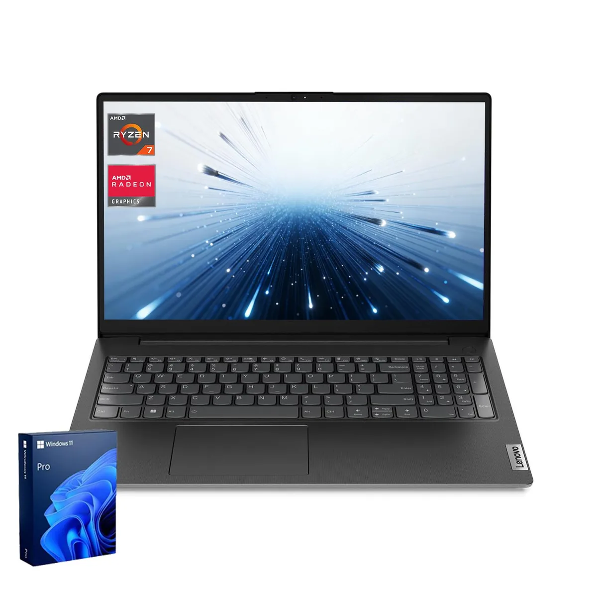 Black 15.6 inch Lenovo V15 laptop with matte anti-glare screen and numeric keypad