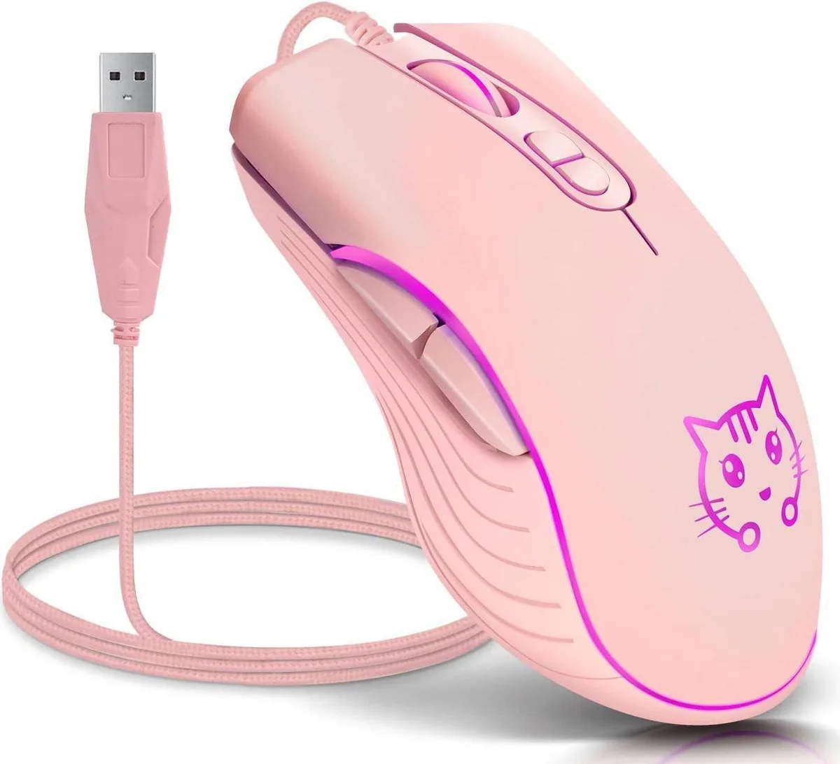 Pink ergonomic wired gaming mouse with matte finish and 7-color backlighting