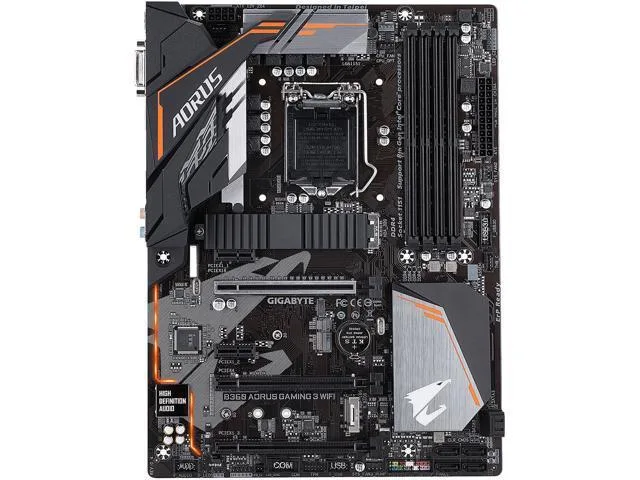 ATX motherboard with black PCB and silver heatsinks