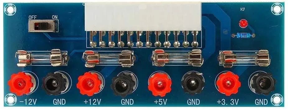 Five green ATX adapter boards with 24-pin connectors and switches