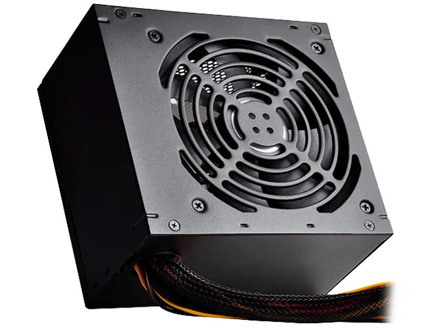 Rectangular metal PSU with matte black finish, single 120mm fan grille, cable bundle emerging from one side