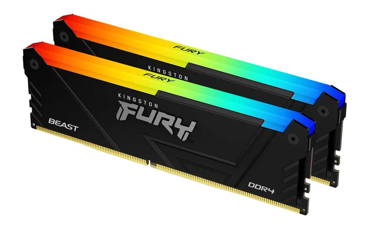 Two black DDR4 memory sticks with RGB lighting