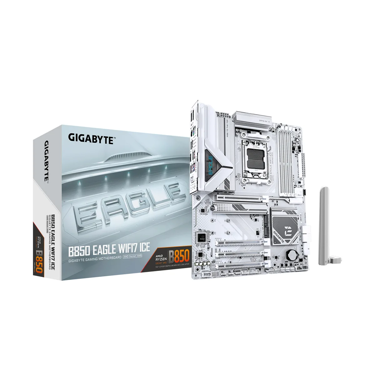 White ATX motherboard with silver heatsinks and blue accents