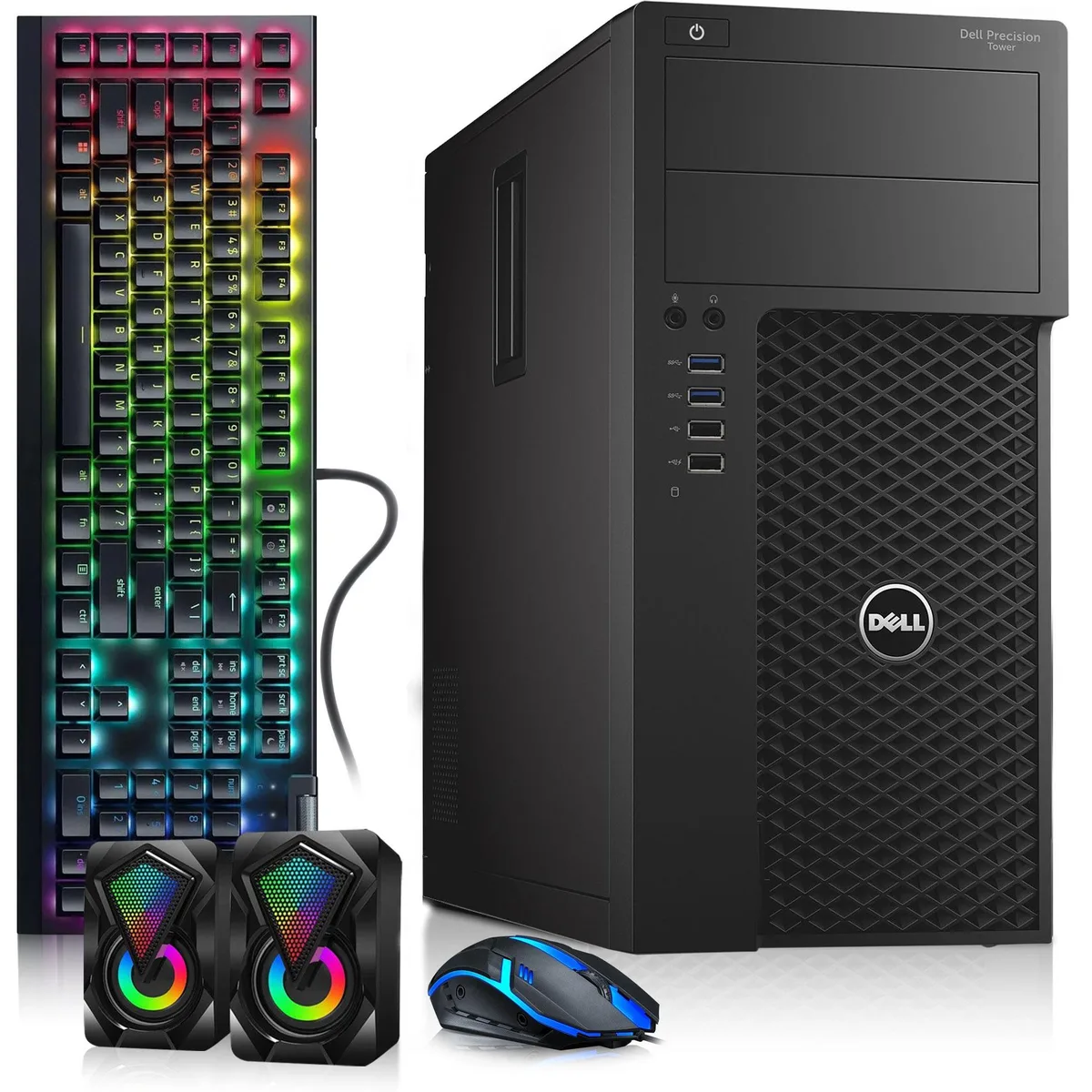 Black Dell Precision 3620 tower desktop with RGB keyboard and mouse