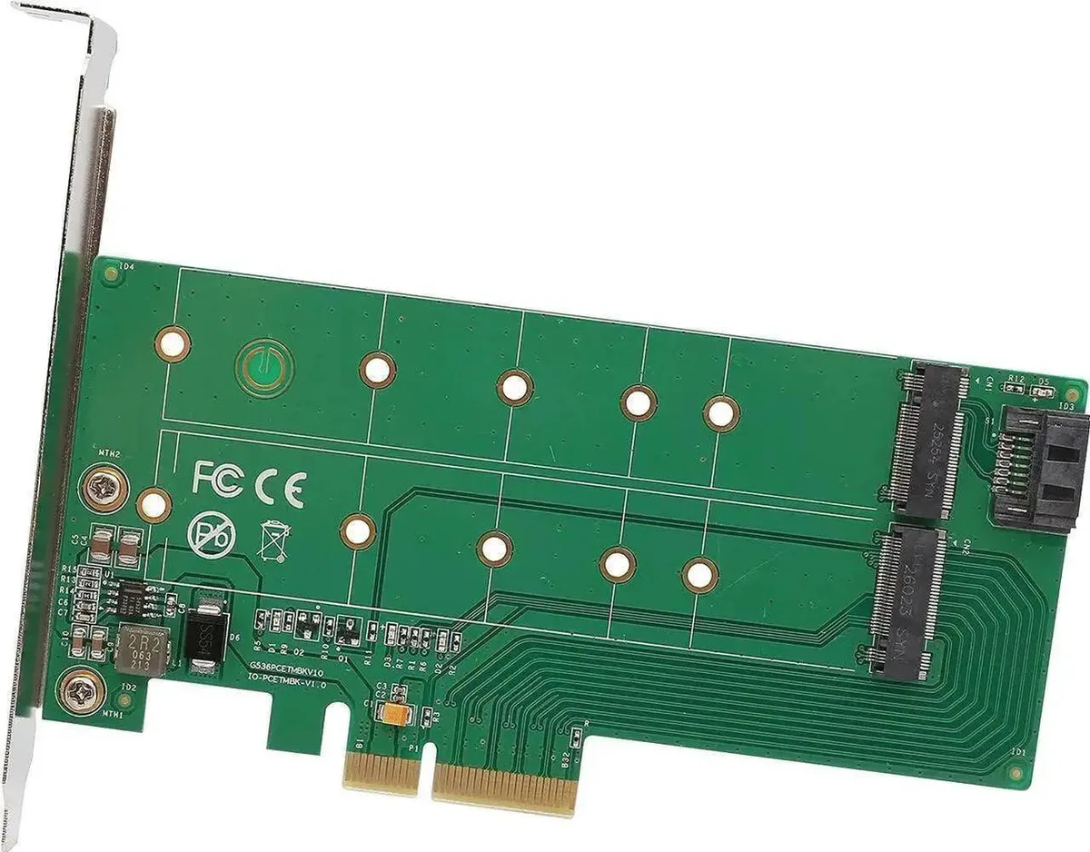 Green PCB adapter board with M-key and B-key M.2 slots and SATA connector