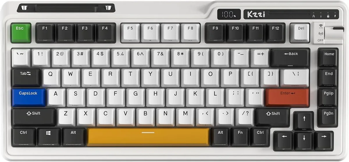 Compact 75 percent wireless keyboard with 82 keys, rotary knob and LED power display