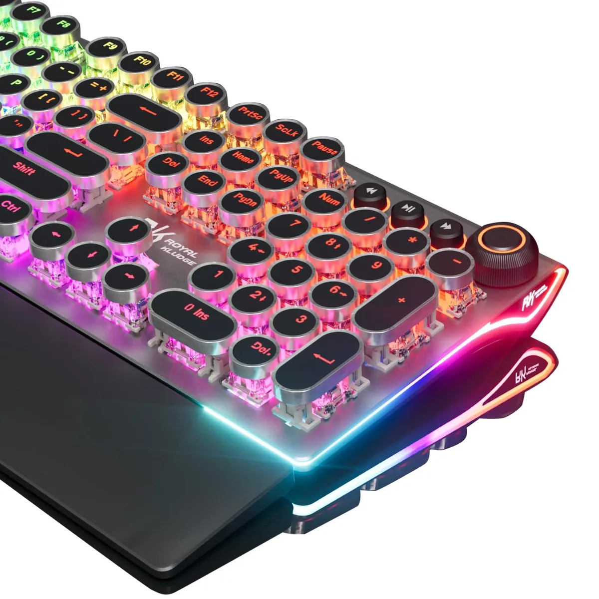 Wired mechanical keyboard, 108 round keycaps, aluminium panel, RGB sidelight, volume knob, detachable wrist rest, shadow black