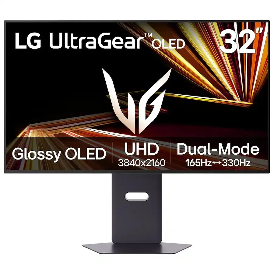 Black 32 inch glossy OLED gaming monitor on adjustable stand