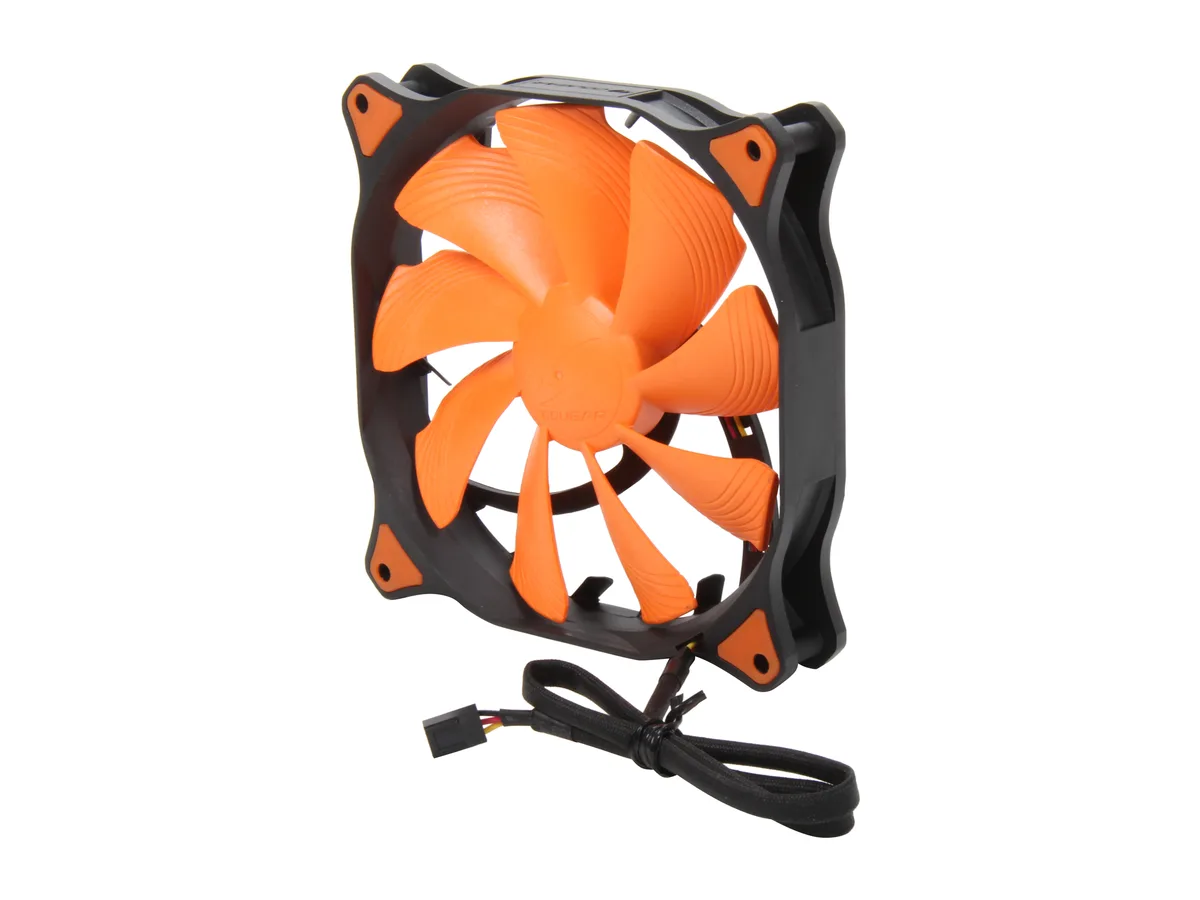 Orange 140mm case fan with turbine blade frame and rubber anti-vibration pins