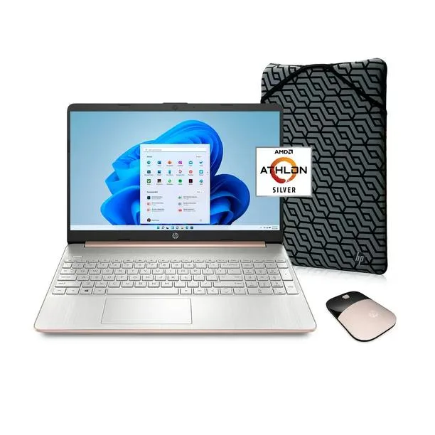 Rose gold 15.6 inch laptop with thin bezel display and matching wireless mouse