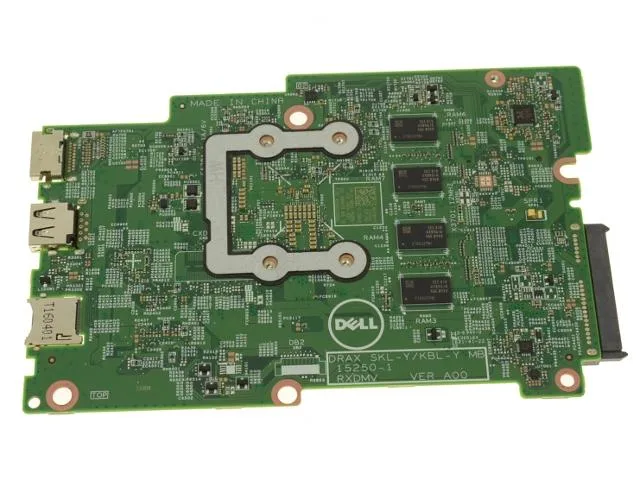Green rectangular circuit board with silver components and black chips