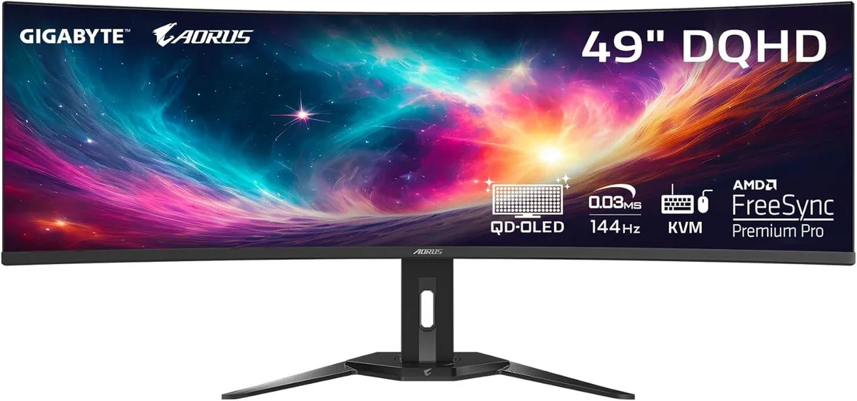 Black 49 inch curved QD-OLED gaming monitor with ultra-wide 32:9 screen