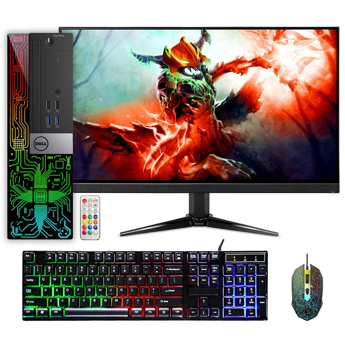 Black Dell OptiPlex small-form-factor tower with remote-controlled RGB front panel, 24-inch monitor, wired keyboard and mouse