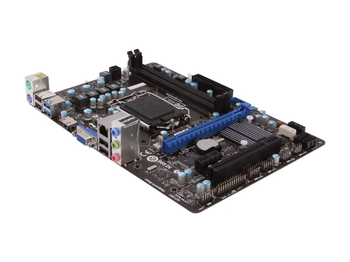 Green Micro ATX motherboard with black LGA 1155 socket, two blue DDR3 slots, single PCI Express x16 slot, HDMI and USB 3.0 ports