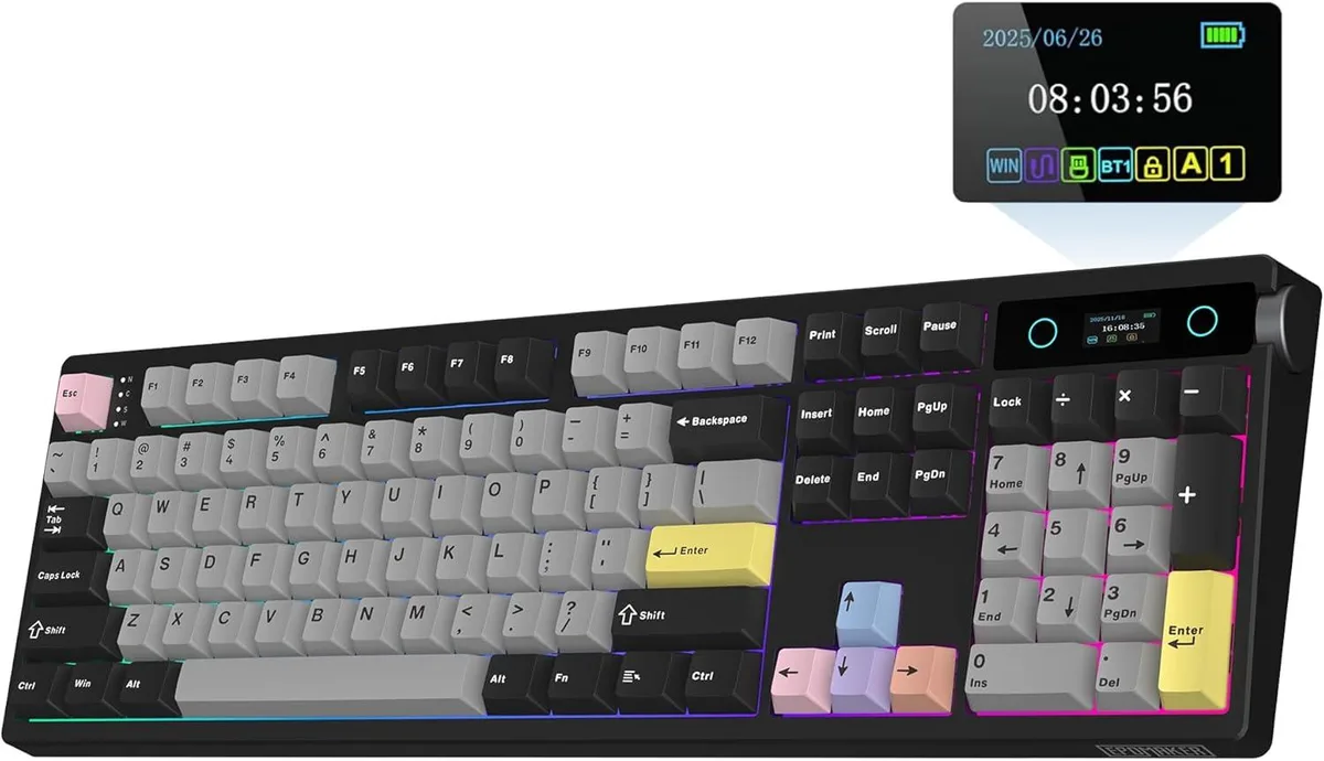 Full-size black mechanical keyboard with smart screen, rotary knob and PBT keycaps