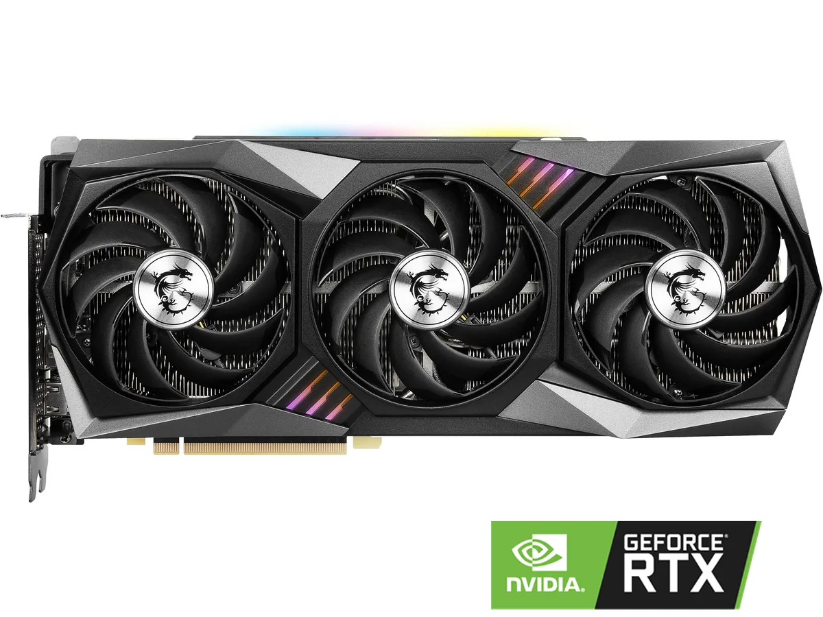 Triple-fan MSI RTX 3090 graphics card with silver-and-black shroud and metal backplate