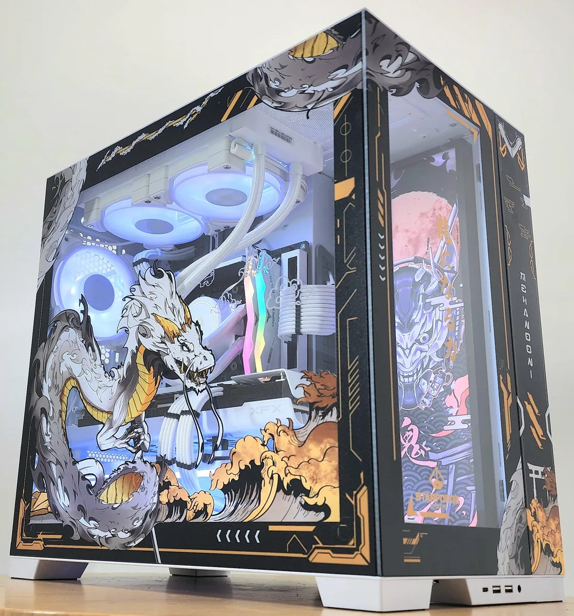 White mid-tower gaming desktop with 240 mm liquid cooler and RGB memory