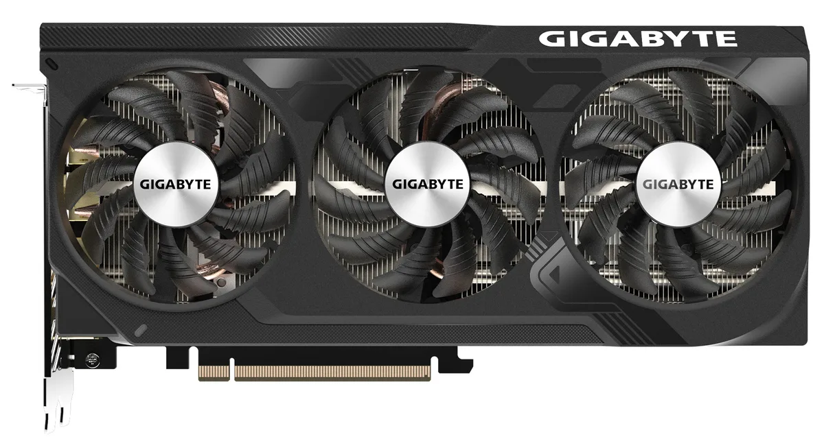 Refurbished GIGABYTE RTX 4070 SUPER graphics card with three WINDFORCE fans and metal backplate