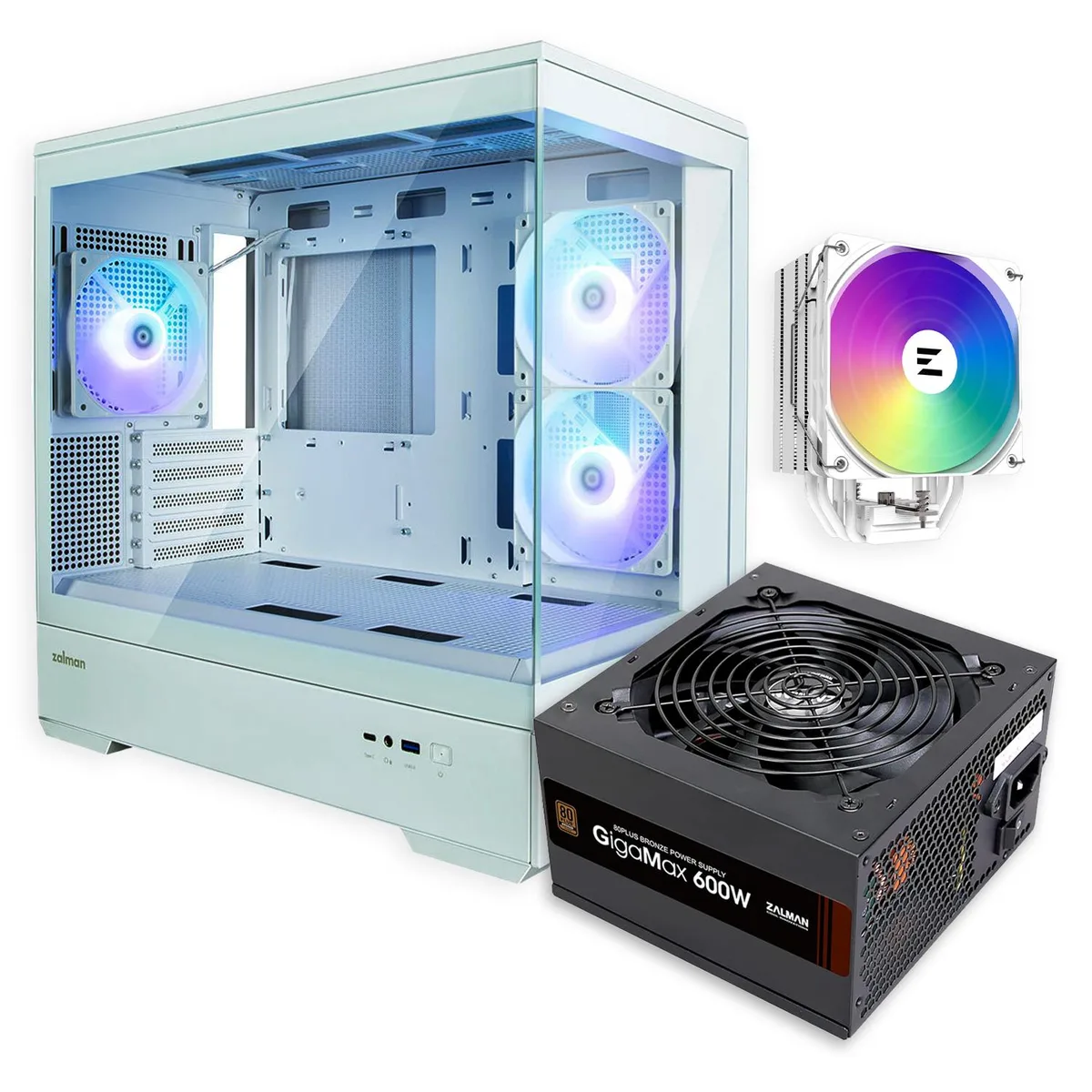 White mini-tower case with glass panels, white CPU cooler, 600W power supply