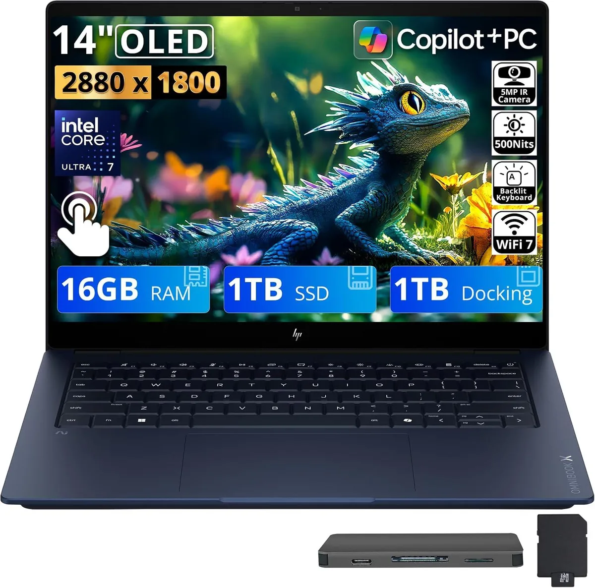 HP HP OmniBook X 14" 3K OLED Touch, Core Ultra 7 355, 16GB LPDDR5X, 1TB SSD + 1TB Dock, Blue — תמונת המוצר