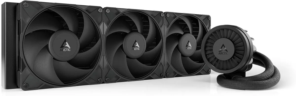 Black all-in-one liquid cooler with 420mm radiator and three 140mm fans