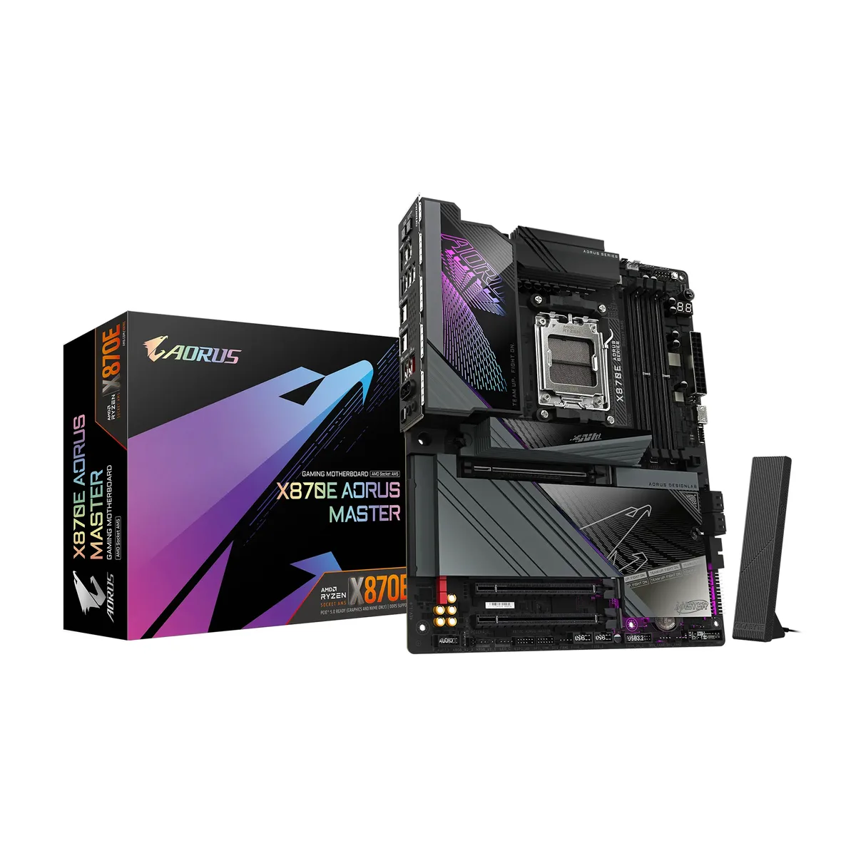 Black ATX motherboard with silver VRM heatsinks, four DDR5 slots, multiple M.2 shields and rear I/O cover