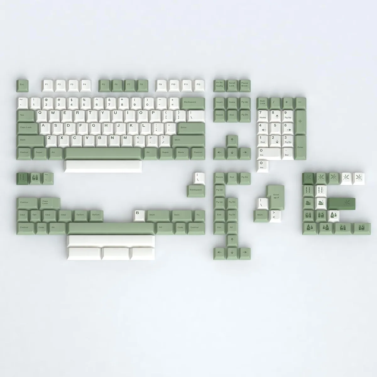 White and green PBT keycaps in a bamboo theme, 160 pieces, Cherry profile, 1.45 mm thick