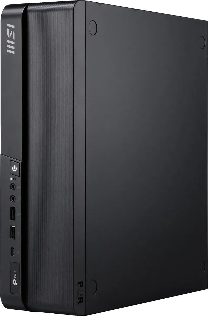 Compact black desktop tower with wired keyboard and mouse set