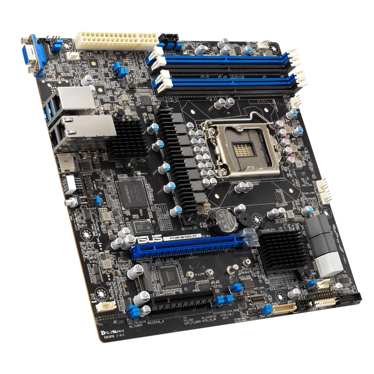 uATX server motherboard with LGA 1200 socket, four DDR4 slots, dual 10GbE LAN, HDMI, VGA, USB ports