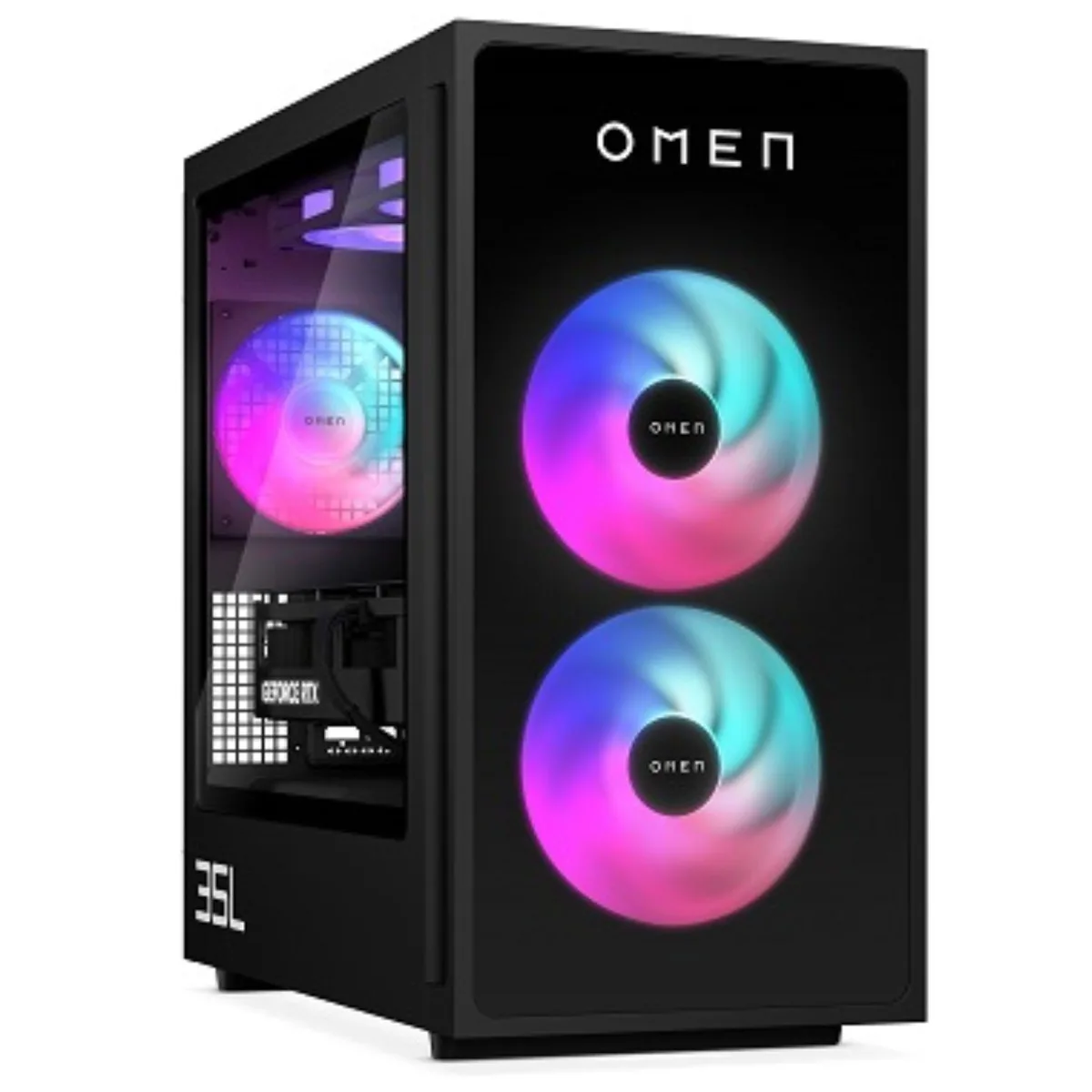 Black mid-tower gaming desktop with glass side panel and RGB lighting