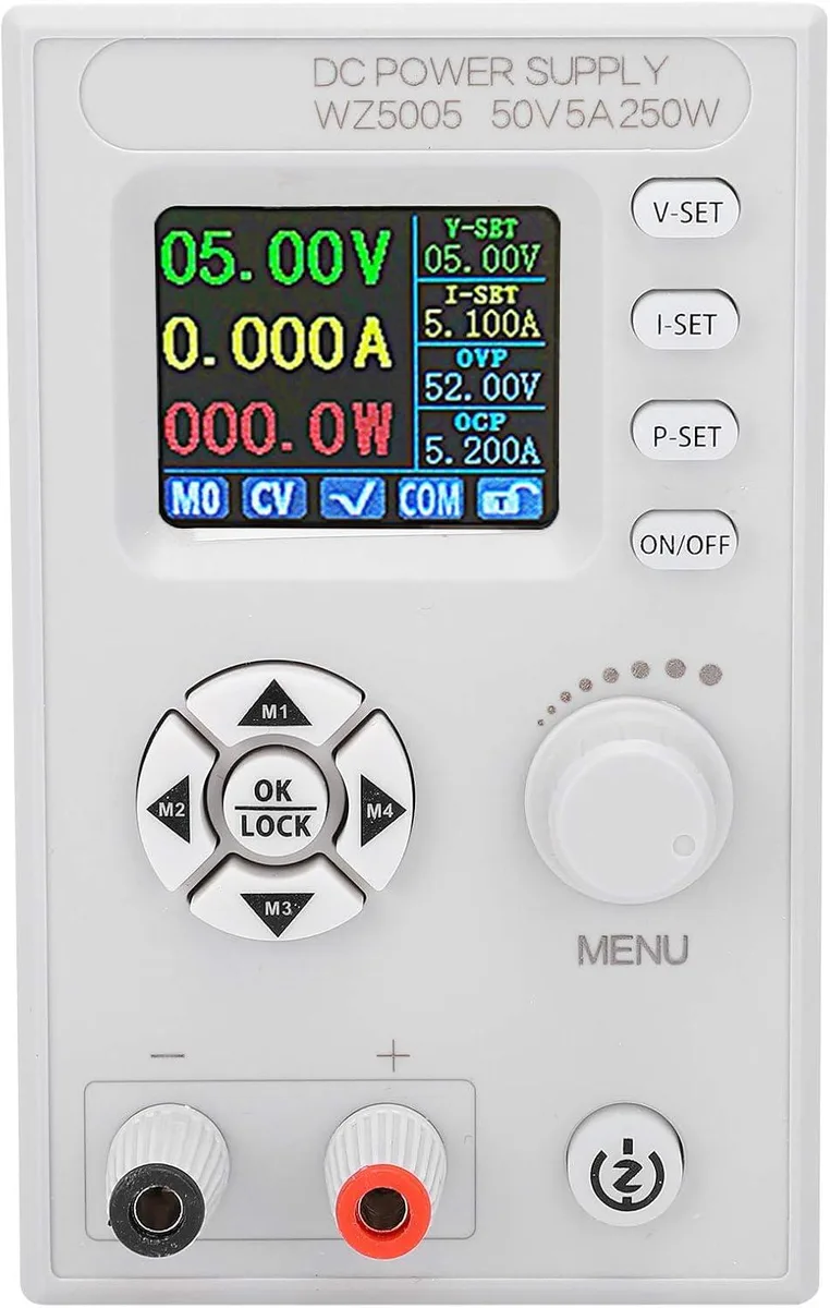 Compact black ABS bench power supply with 1.8 inch colour LCD screen and front panel controls