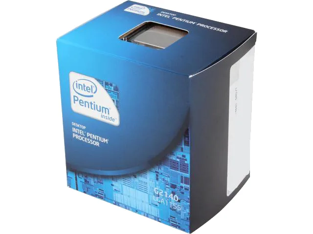 A square green circuit board with gold contact pads and a silver metal heat spreader marked Intel Pentium G2140