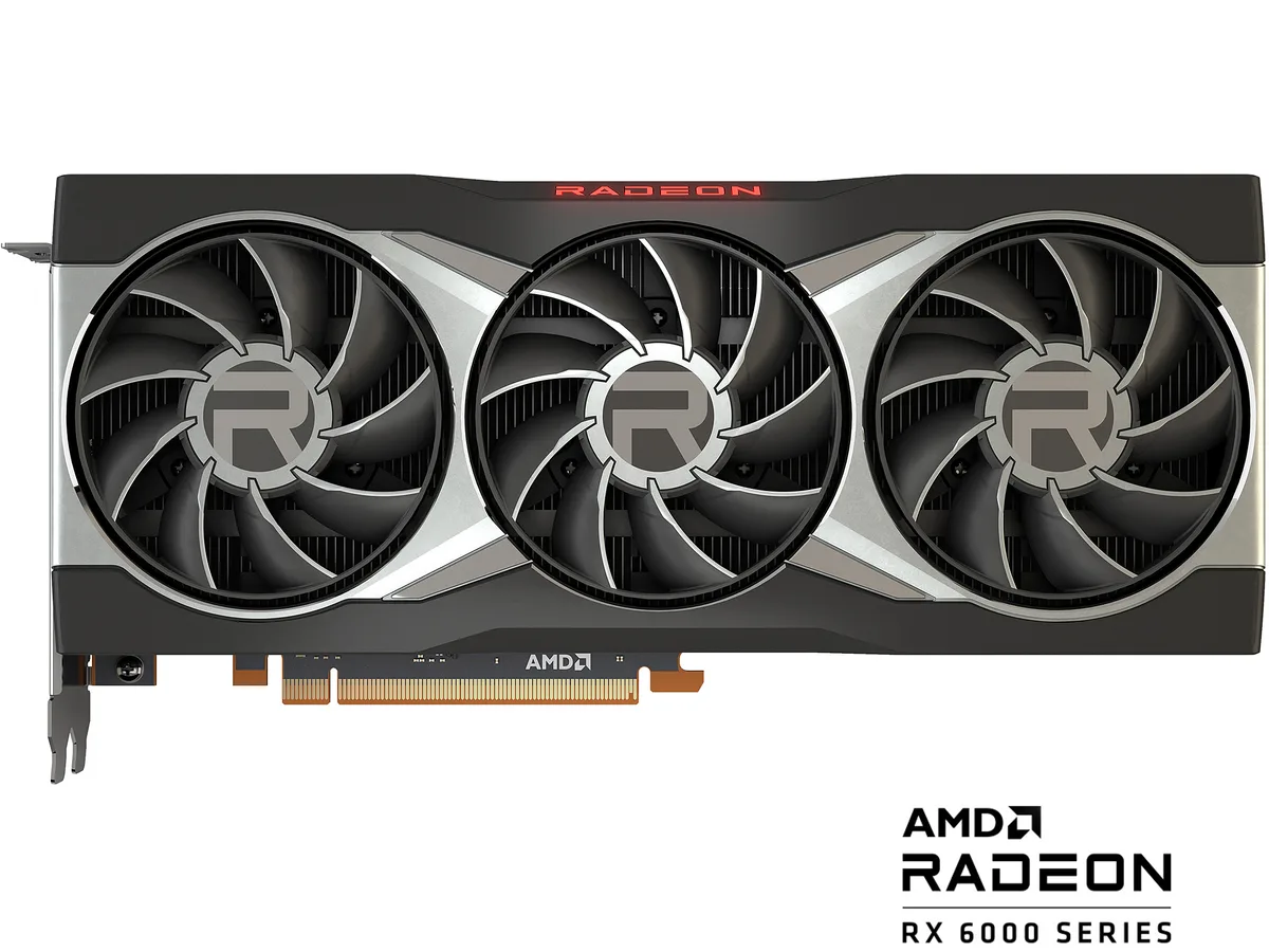 Full-length graphics card with triple-fan cooler and metal backplate