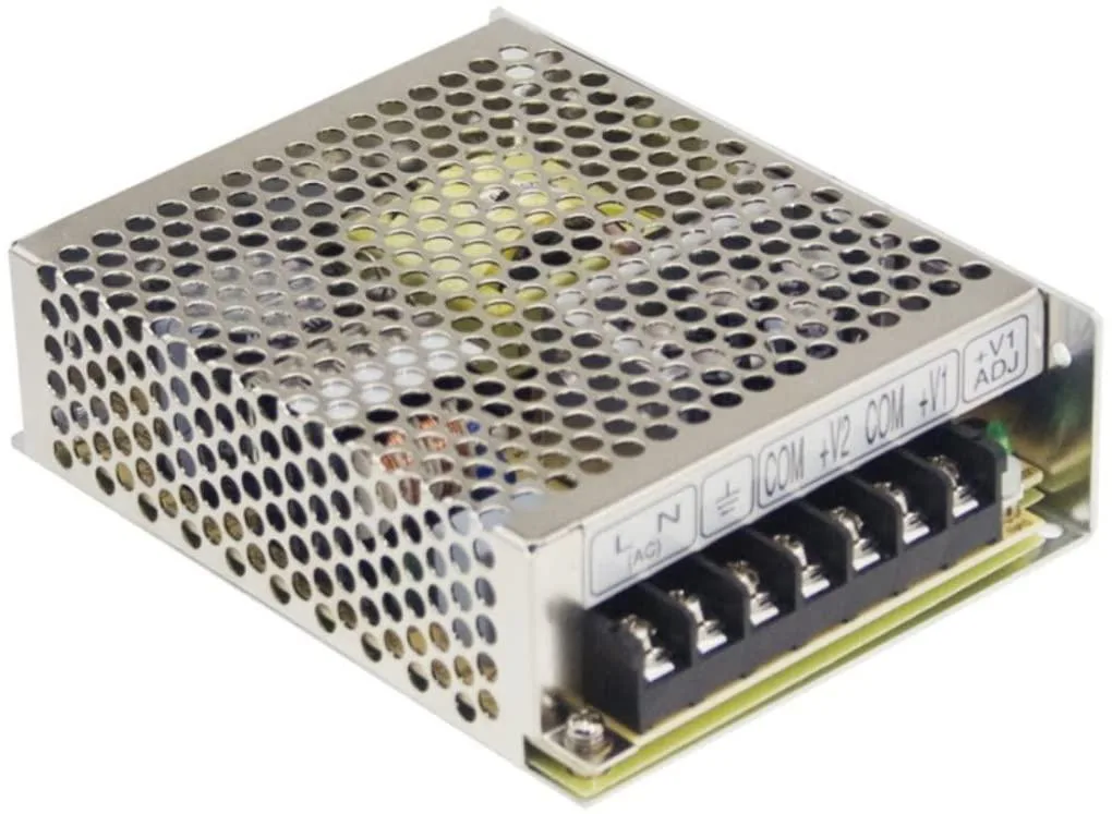 Rectangular metal power supply unit, matte grey finish, screw terminals visible