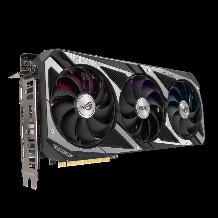 ASUS ROG Strix RTX 3060 graphics card, triple-fan cooler with silver shroud and backplate