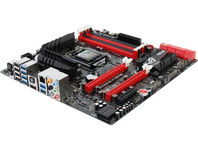 Compact micro ATX motherboard with black PCB and red accents, LGA 1150 socket, four DDR3 slots, dual PCIe x16, HDMI port