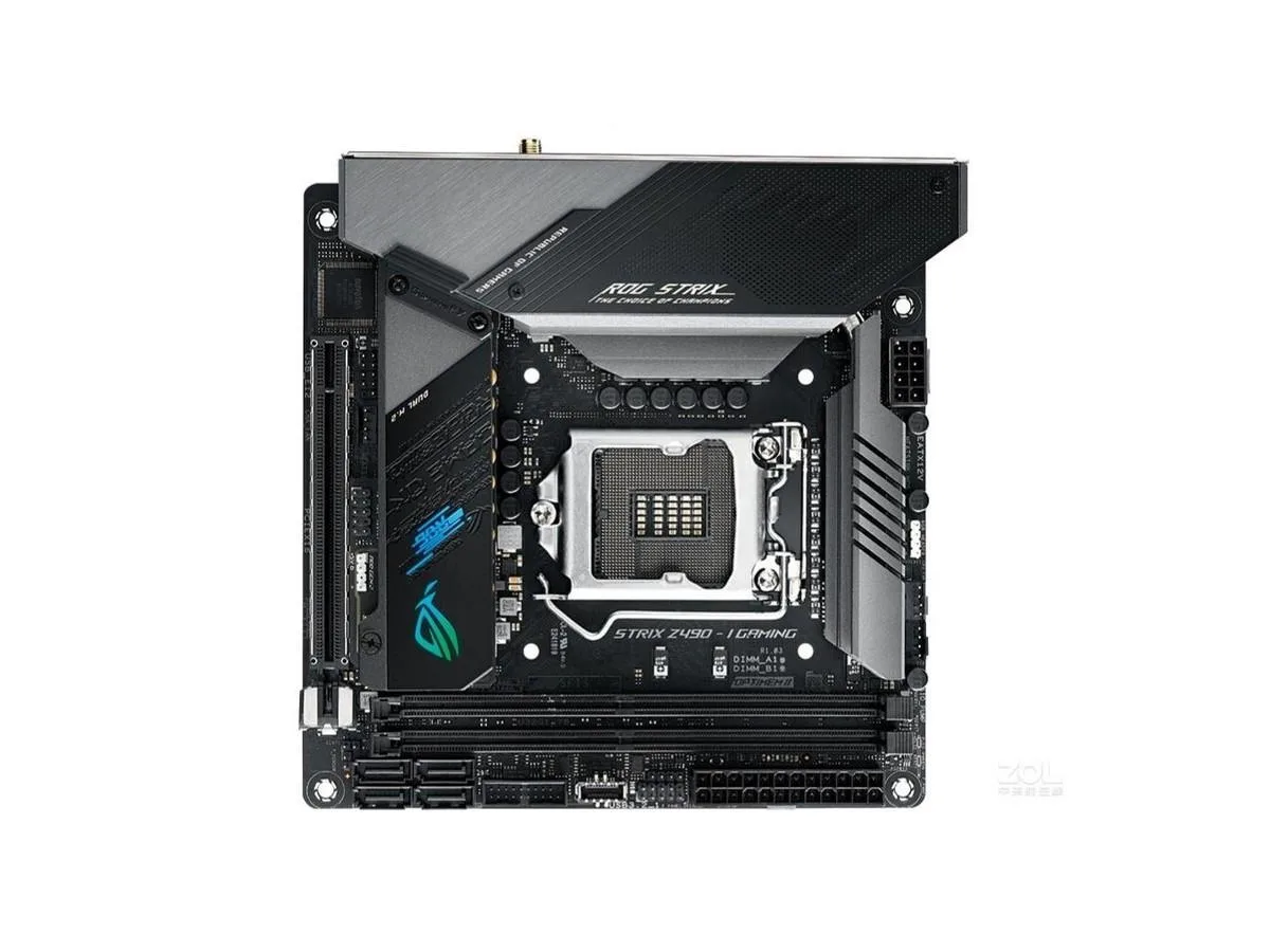 Compact Mini-ITX motherboard with dark PCB, metal I/O shield and heatsinks