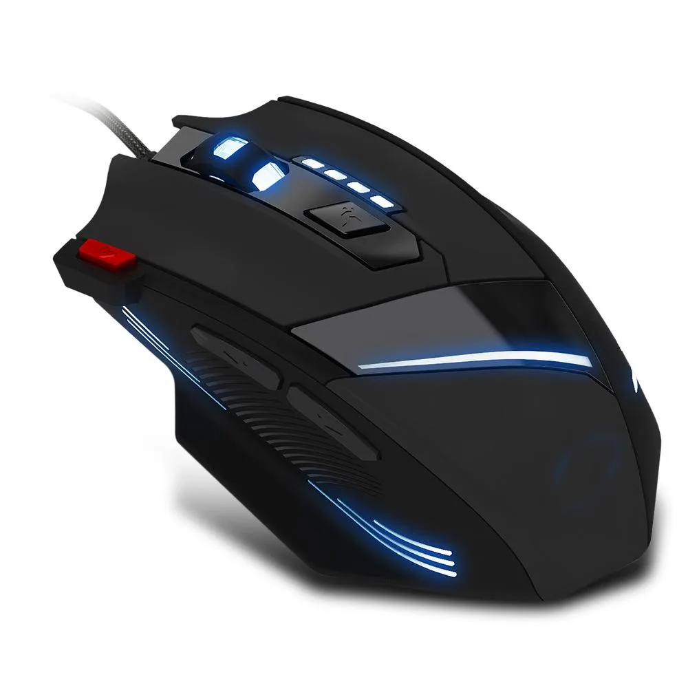 Black wired gaming mouse with ergonomic palm-grip shape and LED lighting