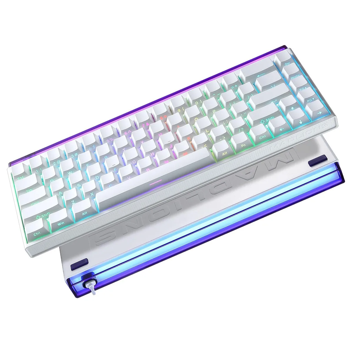 White 60% compact mechanical keyboard with side-printed PBT keycaps and RGB backlighting