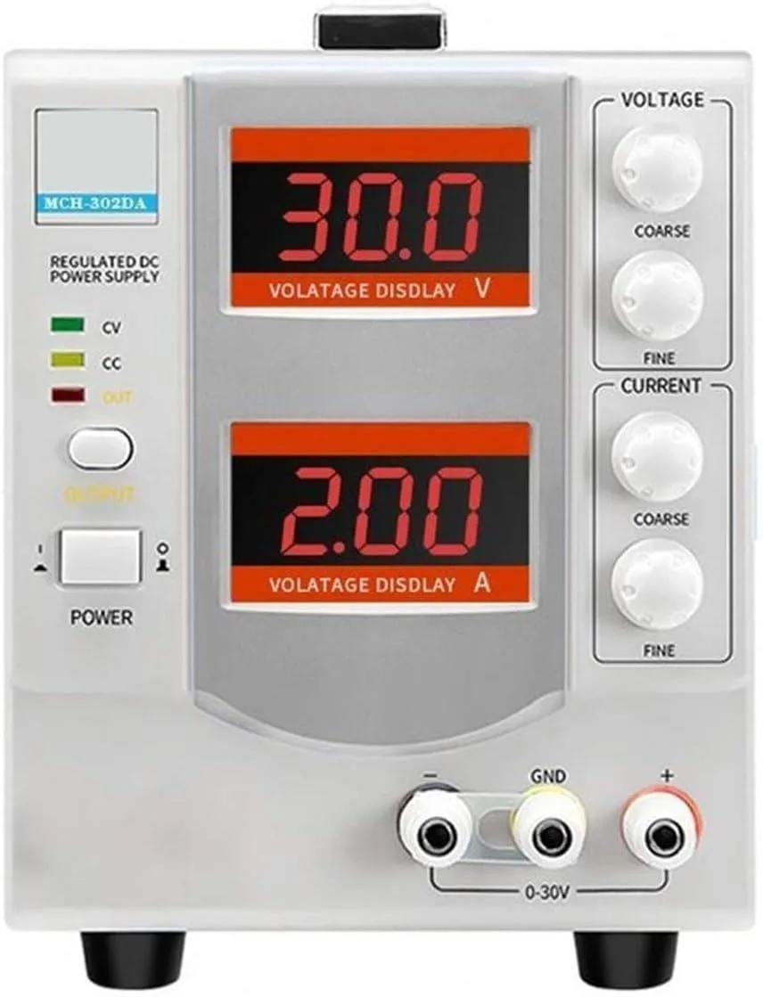 Rectangular bench power supply unit, dark metal case, digital display and rotary knobs on front panel