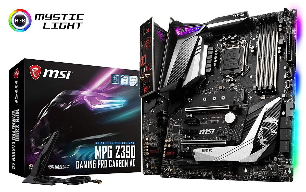 Black ATX motherboard with carbon-fibre pattern heatsinks and silver I/O shield
