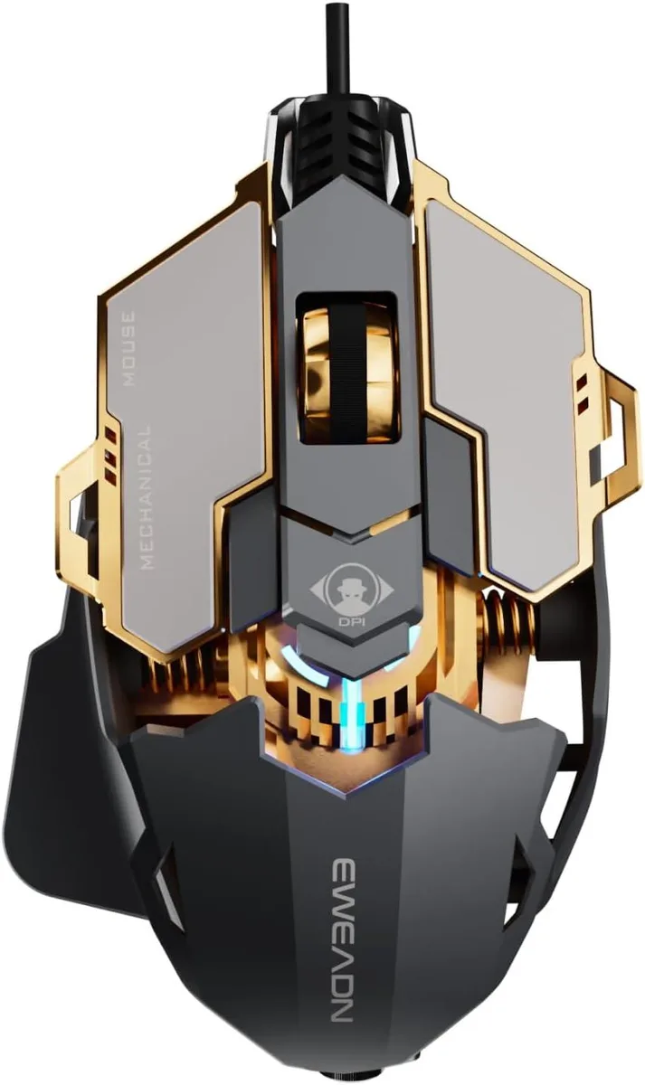 Grey wired gaming mouse with ergonomic shape, textured sides and RGB lighting