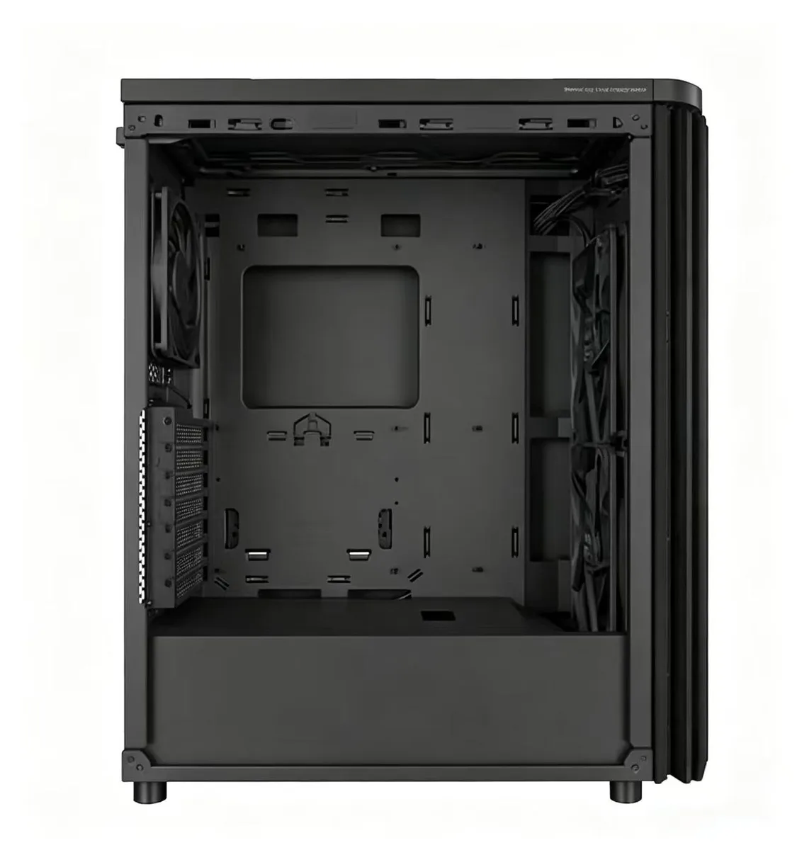 Black mid-tower PC case with tempered glass side panel and front I/O ports