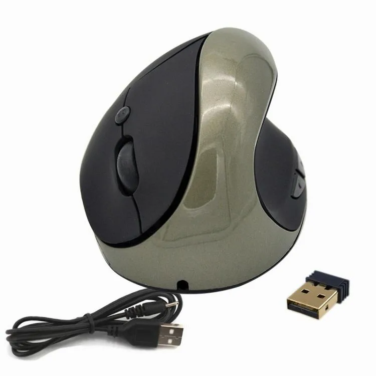 Silver-gray vertical gaming mouse with thumb groove and textured buttons