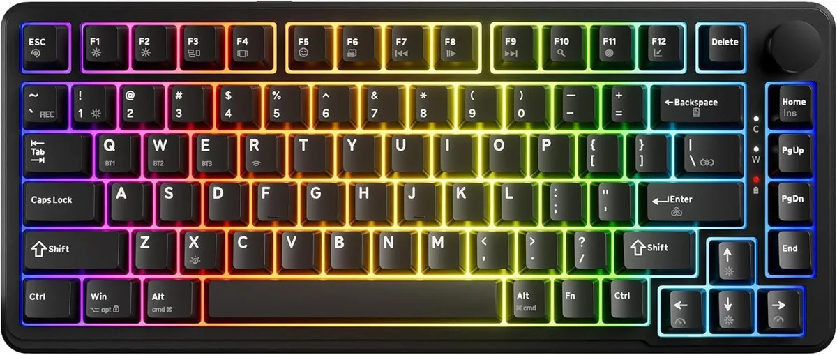 Black 75% wireless mechanical keyboard with volume knob and RGB lighting