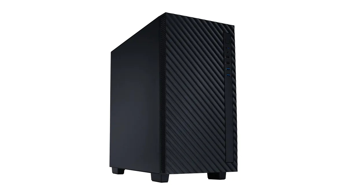 ABS tower server, matte black metal chassis, front panel with drive bays and power button